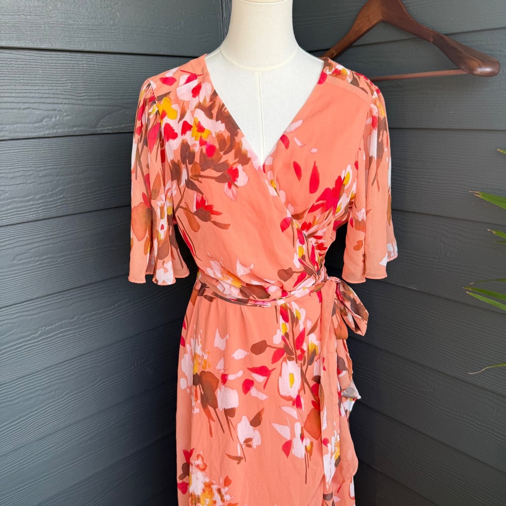 Premier Amour Floral Wrap Midi Dress Flutter Sleeve Tie Waist Peach Size 12